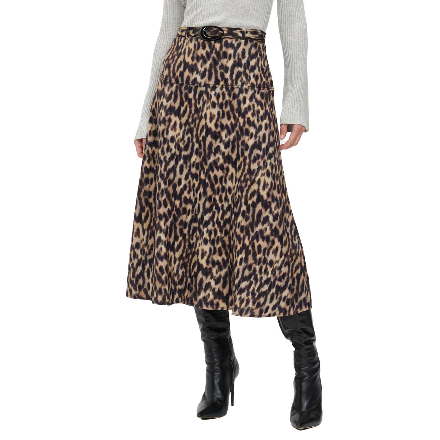Veronika Maine Leopard Viscose Linen Belted Skirt